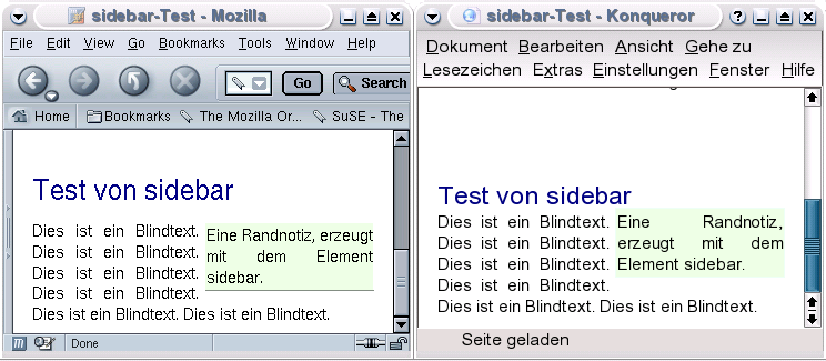 Formatierung von sidebar (links Mozilla, rechts Konqueror)