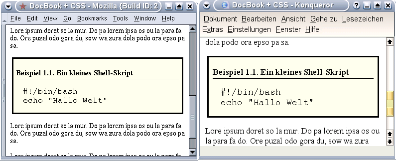 Formatierung von example (links Mozilla, rechts Konqueror)