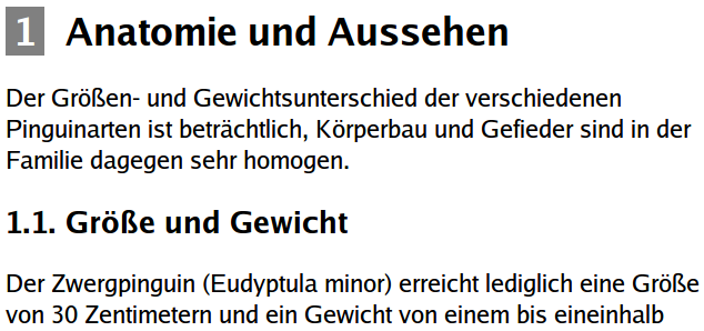 Separierte Nummerierung eines Abschnitts der ersten Ebene
