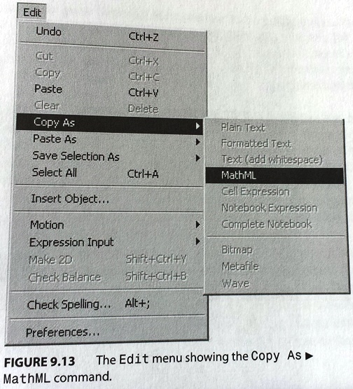 Mathematica: Edit menu showing Copy As → MathML command