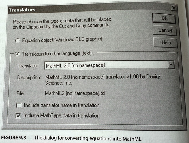 MathType: dialog for converting equations into MathML