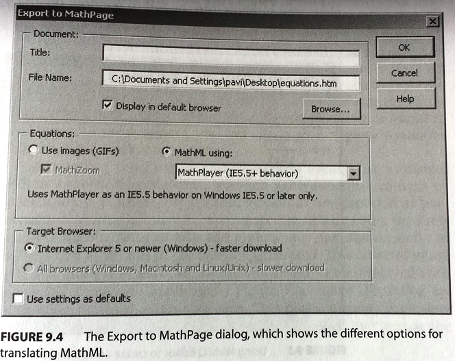 MathType: Export to MathPage dialog