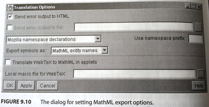 WebEQ Publisher: dialog for setting MathML export options