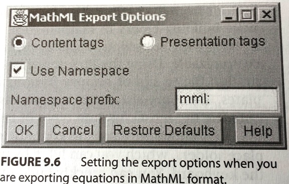 WebEQ: Setting export options when you are exporting equations in MathML format