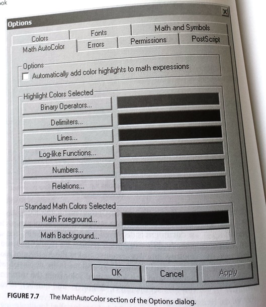 MathAutoColor section of Options dialog