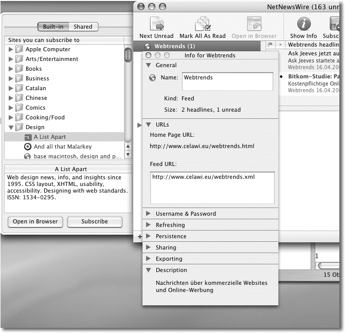 Anzeigen der Eigenschaften von RSS 2.0-Channels in NetNewsWire