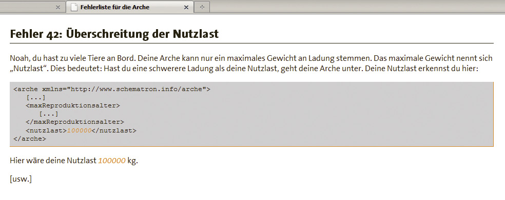Schematron-Fehlermeldung auf einer Webseite
