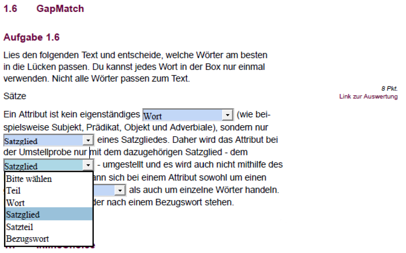 Beispiel einer GapMatch-Aufgabe im interaktiven PDF Beispiel einer GapMatch-Aufgabe im interaktiven PDF