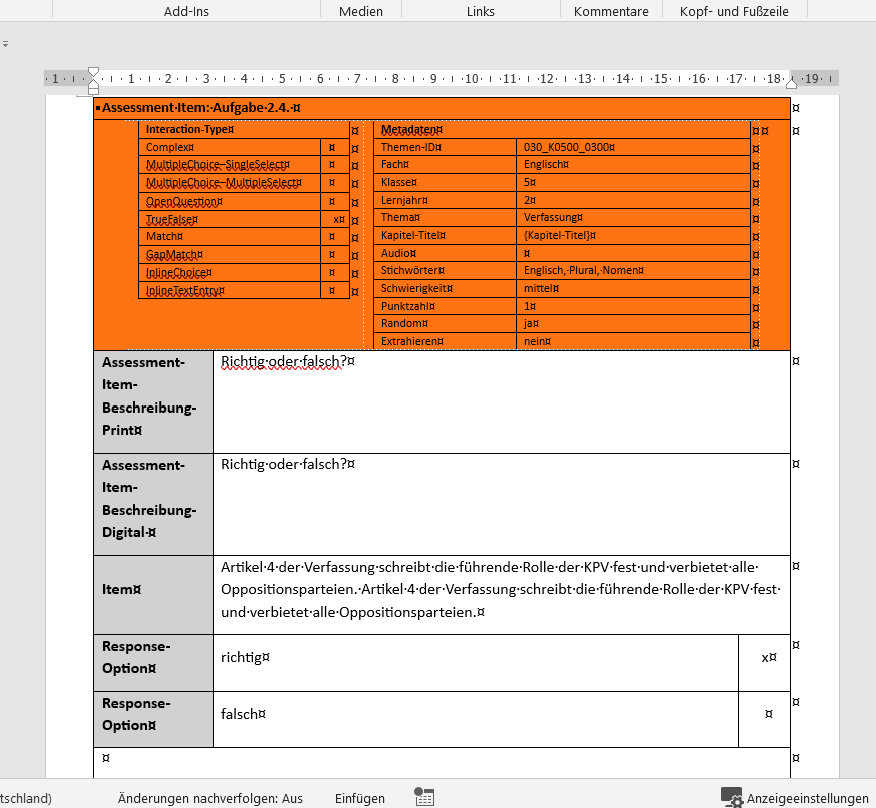 Beispiel einer Word-Input-Datei mit Erfassungs-Template für eine True-/False-Aufgabe