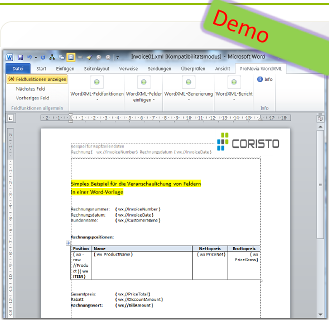 Coristo WordXML-AddIn: Vorlage mit einfachen Felddefinitionen