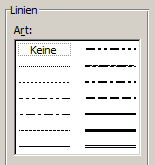 Abb. 8: Optionen in Excel für den Borderstyle (vgl. Tabelle 2)