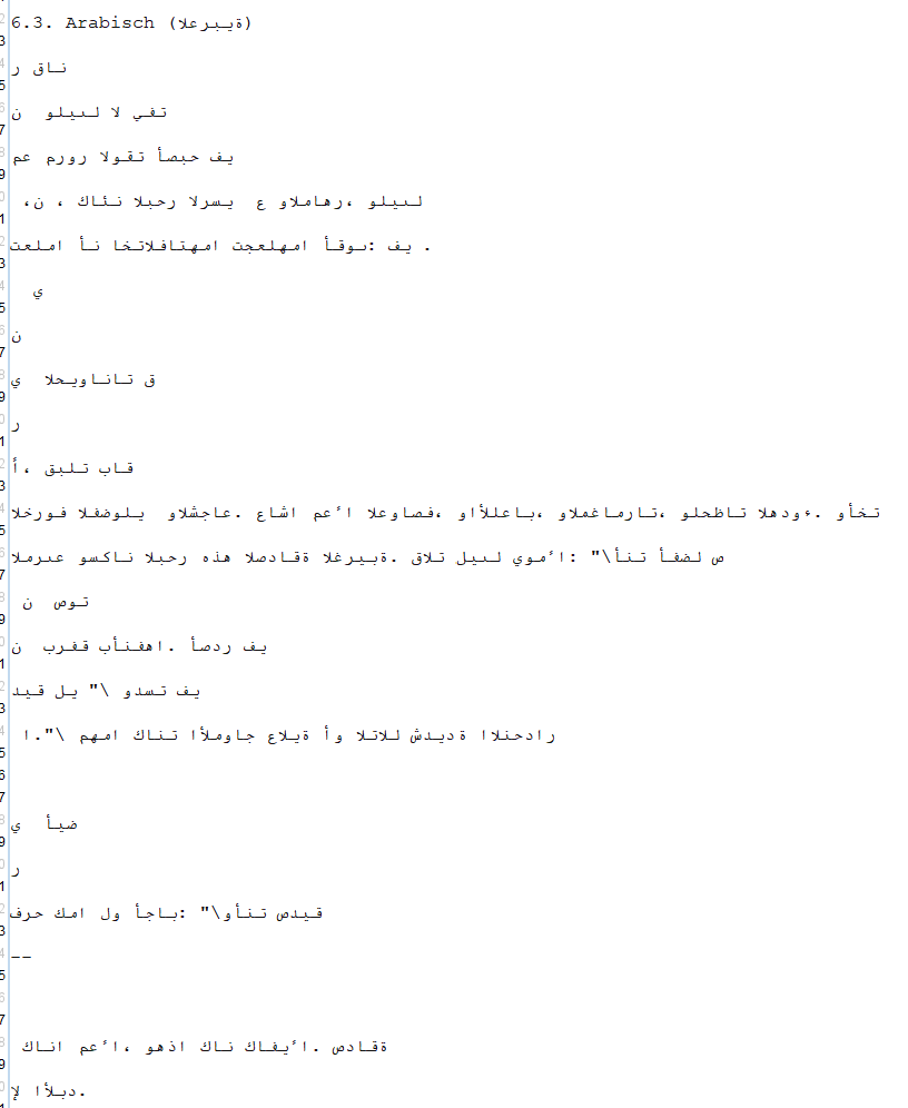 Auszug aus dem Konvertierungsergebnis von Poppler-Pandoc Auszug aus dem Konvertierungsergebnis von Poppler/Pandoc mit fehlerhaft verarbeitetem Text in arabischer Schrift