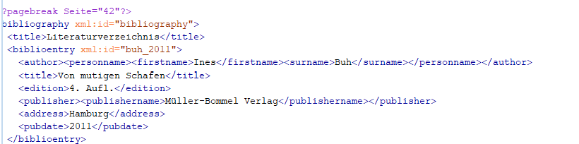 Auszug aus dem Konvertierungsergebnis von Gemini XML mit einer Literaturangabe Auszug aus dem Konvertierungsergebnis von Gemini XML mit dem zum Literaturverweis passenden Eintrag im Literaturverzeichnis