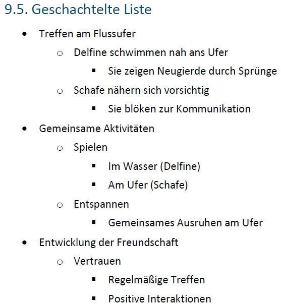 Auszug aus dem Testdokument mit einer geschachtelten Liste Auszug aus dem Testdokument mit einer geschachtelten Liste