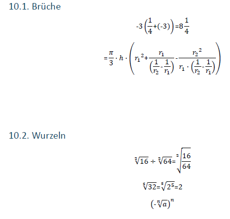Auszug aus dem Testdokument mit Brüchen und Wurzeln Auszug aus dem Testdokument mit mathematischen Brüchen und Wurzeln