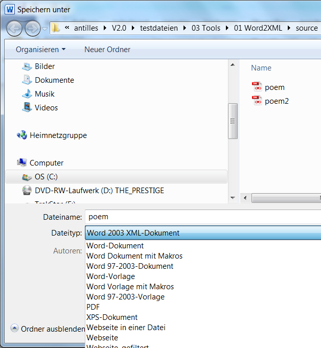 Save as window under file type Word 2003 XML document