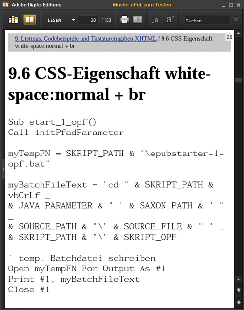 Code-Beispiel mit CSS-Eigenschaft white-space: normal + br (Adobe Digital Editions)