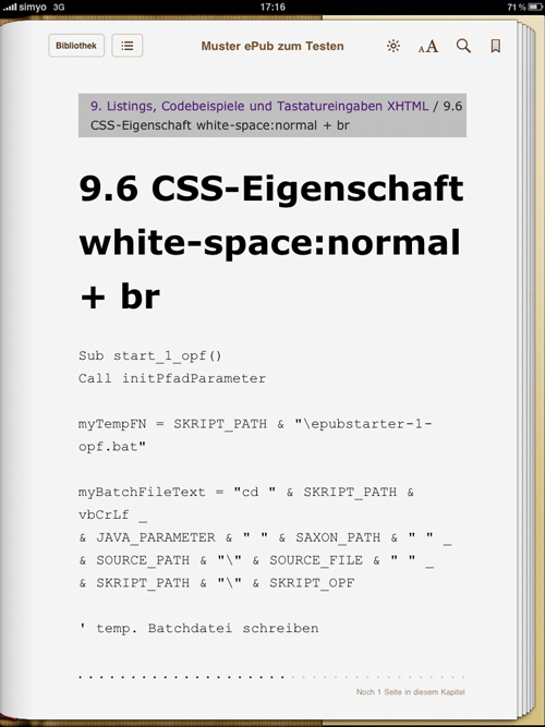 Code-Beispiel mit CSS-Eigenschaft white-space: normal + br (iBooks)