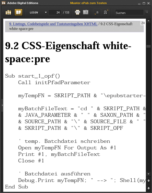 Code-Beispiel mit CSS-Eigenschaft white-space: pre (Adobe Digital Editions)