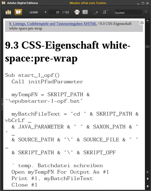 Code-Beispiel mit CSS-Eigenschaft white-space: pre-wrap (Adobe Digital Editions)