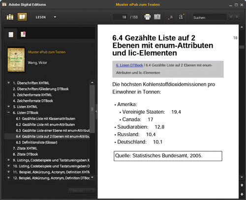 Unzureichend formatierte DTBook-Liste (Adobe Digital Editions)