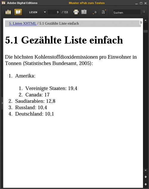 XHTML-Listenbeispiel (Adobe Digital Editions)