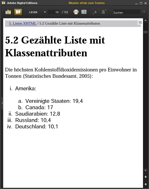 XHTML-Listenbeispiel mit class-Attributen und CSS-Fromatierung (Adobe Digital Editions)