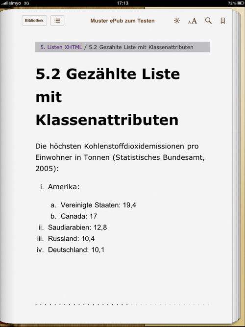 XHTML-Listenbeispiel mit class-Attributen und CSS-Fromatierung (iBooks)