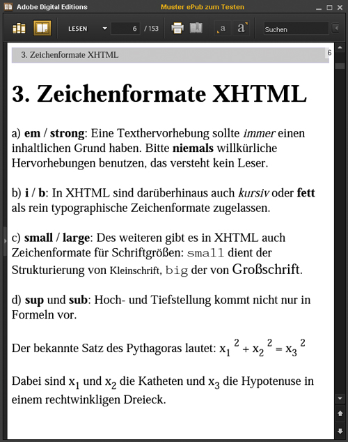 Darstellung der XHTML-Zeichenformate (Adobe Digital Editions)