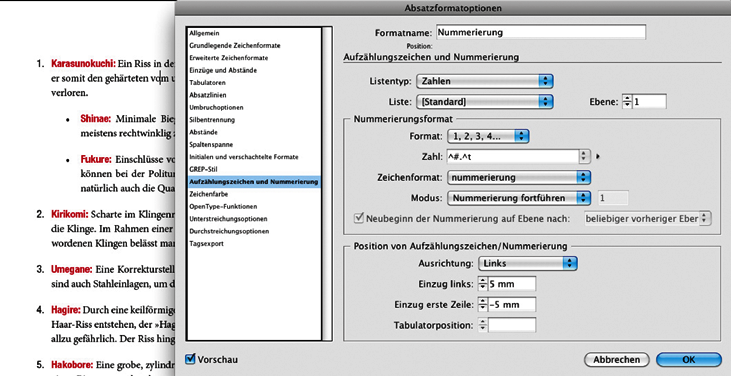 Den Aufzählungen wird ein erstelltes Absatzformat korrekt zugewiesen