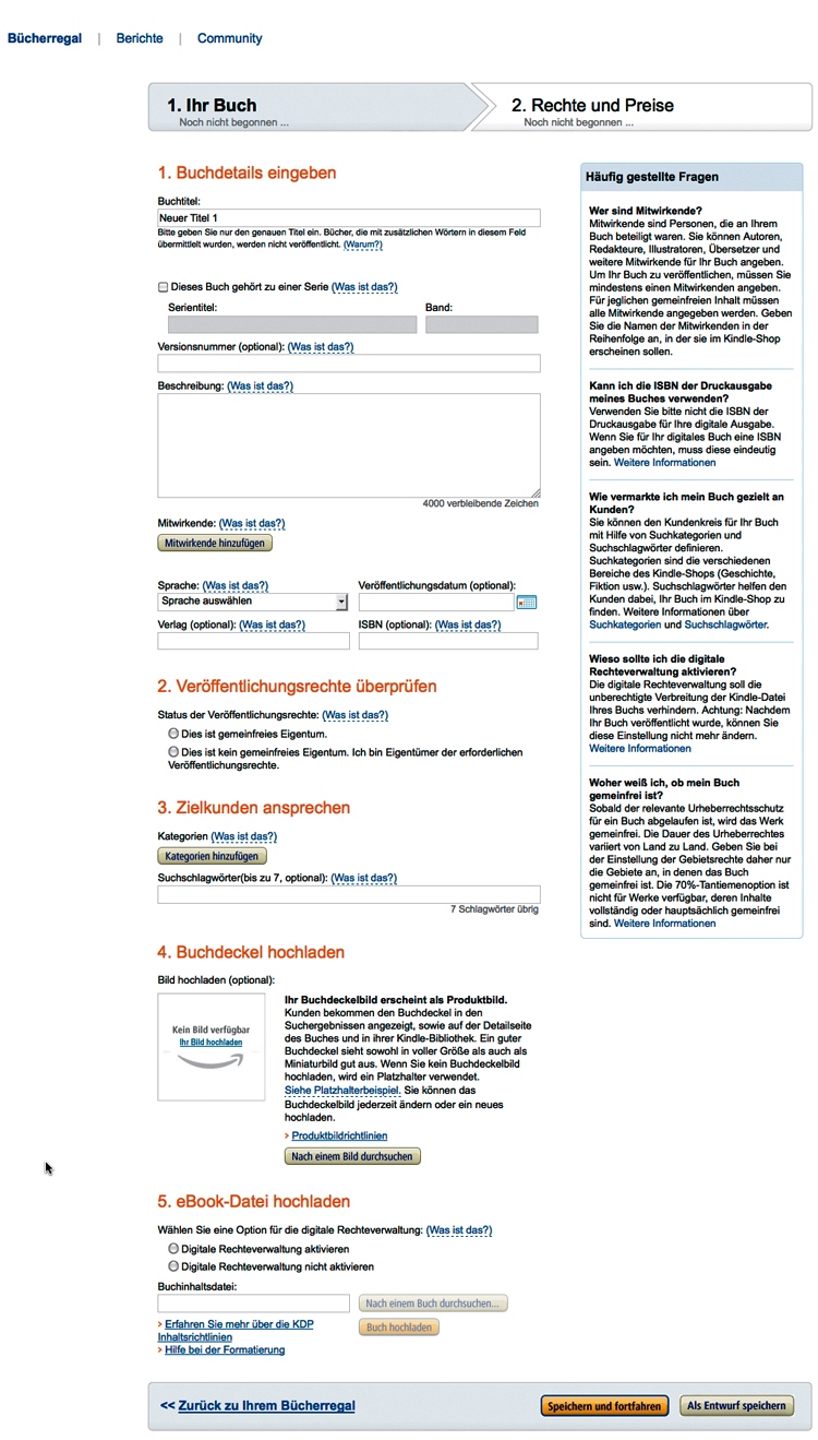 Kindle Direct Publishing: Angaben zum Buch und Datei hochladen