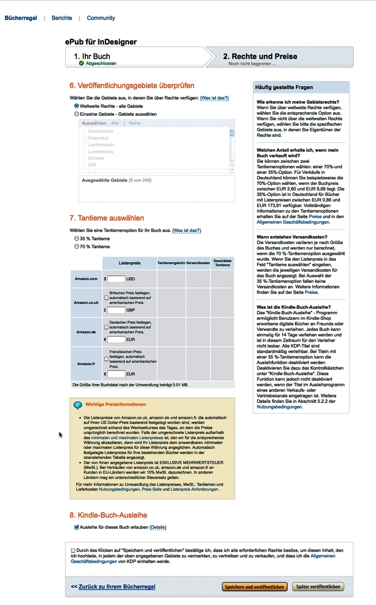 Kindle Direct Publishing: Rechte und Preise