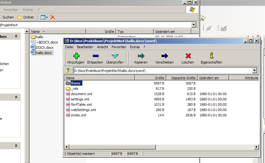 Nach dem Entpacken wird deutlich, was alles in einem DOCX-Dokument steckt.